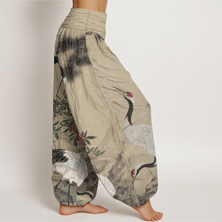 Buddha Stones Pure Cotton Casual Red-crowned Crane Pine Tree Mountain Women's Elastic Waist Harem Pants - image 2