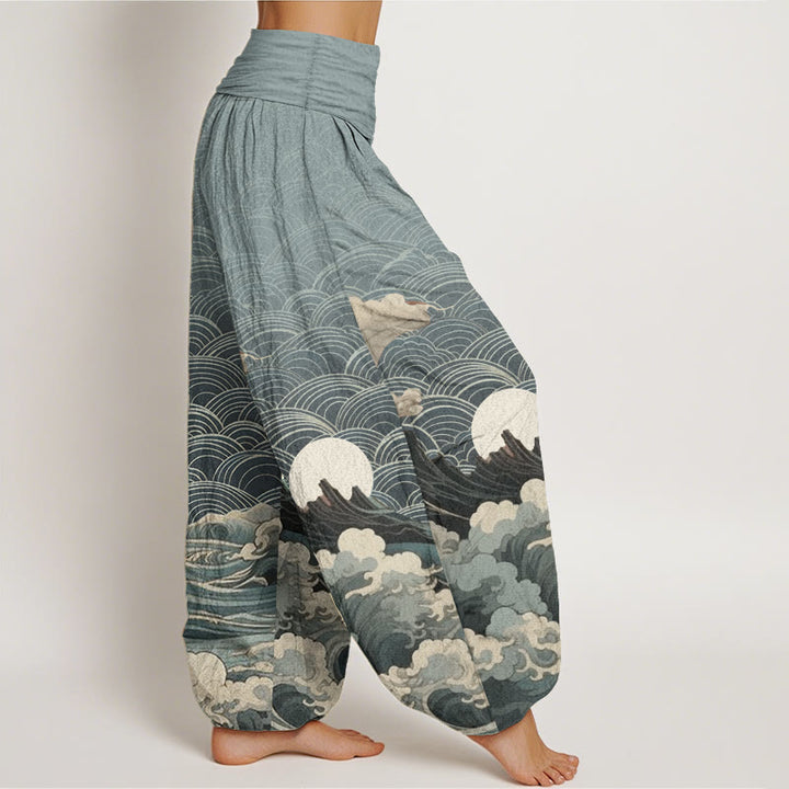 Buddha Stones Pure Cotton Casual Wave Moon Mountain Pattern Women's Elastic Waist Harem Pants - image 7