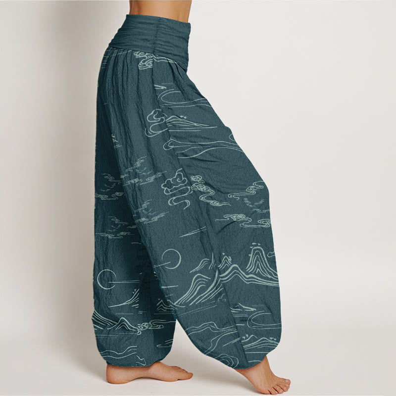 Buddha Stones Pure Cotton Mountain Moon Auspicious Clouds Pattern Women's Elastic Waist Harem Pants - image 10