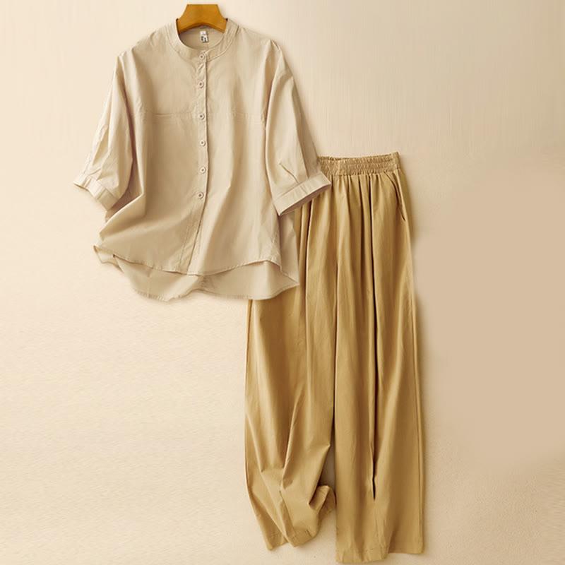 Buddha Stones 2pcs Women's Three-quarter Sleeve Shirt Harem Pants Meditation Clothing Set - Apricot Top + Khaki Pants - US12，UK/AU16，EU44 (2XL) - image 0