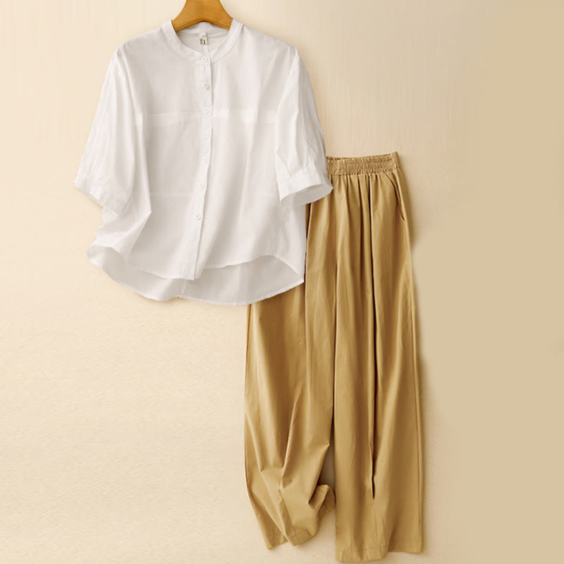 Buddha Stones 2pcs Women's Three-quarter Sleeve Shirt Harem Pants Meditation Clothing Set - Off-White Top + Khaki Pants - US12，UK/AU16，EU44 (2XL) - image 16