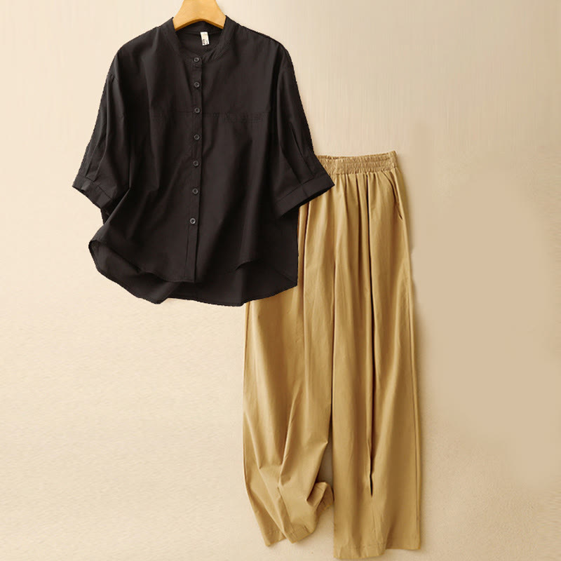 Buddha Stones 2pcs Women's Three-quarter Sleeve Shirt Harem Pants Meditation Clothing Set - Black Top + Khaki Pants - US12，UK/AU16，EU44 (2XL) - image 23