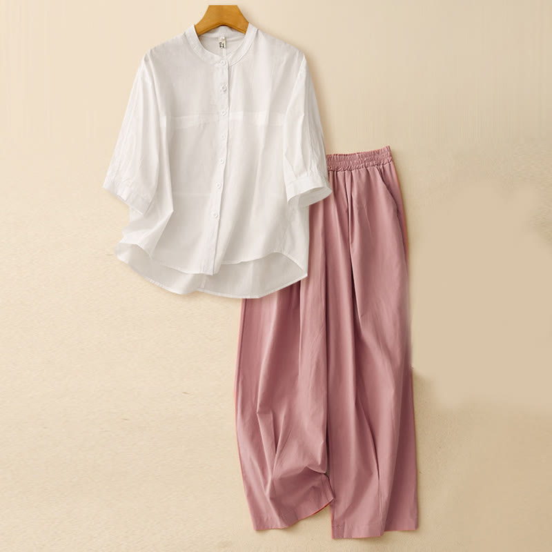 Buddha Stones 2pcs Women's Three-quarter Sleeve Shirt Harem Pants Meditation Clothing Set - Off-White Top + Pink Pants - US12，UK/AU16，EU44 (2XL) - image 25