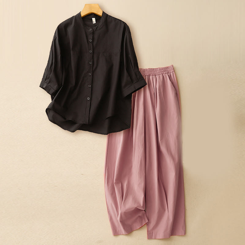 Buddha Stones 2pcs Women's Three-quarter Sleeve Shirt Harem Pants Meditation Clothing Set - Black Top + Pink Pants - US12，UK/AU16，EU44 (2XL) - image 26