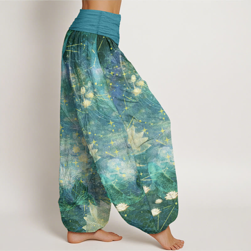 Buddha Stones Pure Cotton Koi Fish Lotus Moon Stars Pattern Women's Elastic Waist Harem Pants - image 10