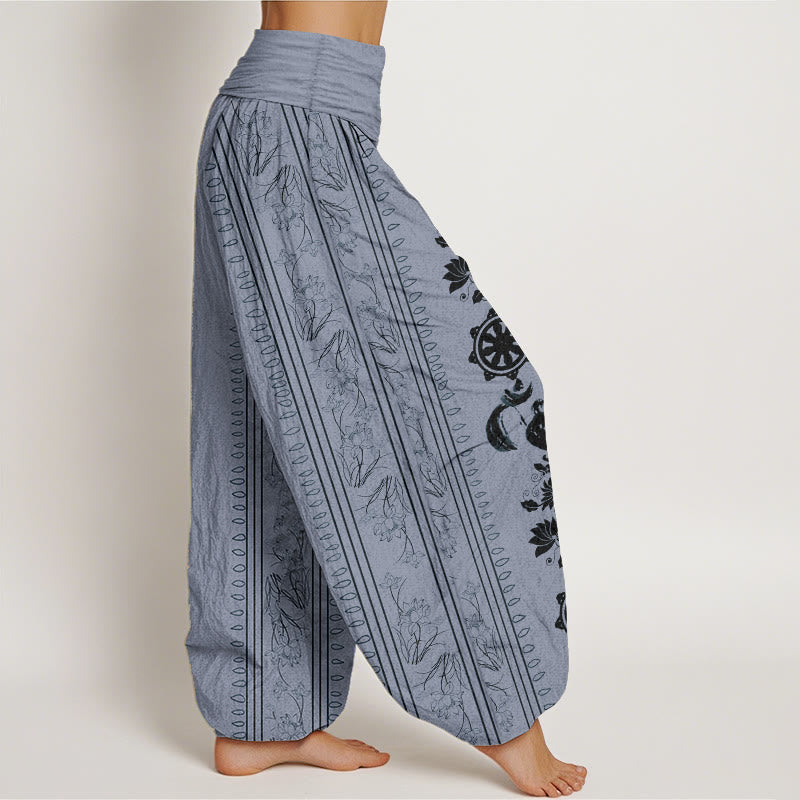 Buddha Stones Pure Cotton Dharma Wheel Lotus OM Pattern Women's Elastic Waist Harem Pants - image 1