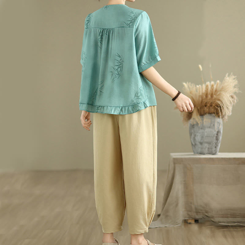 Buddha Stones 2pcs Casual Women's Short Sleeve Shirt Harem Pants Meditation Clothing Set - image 1