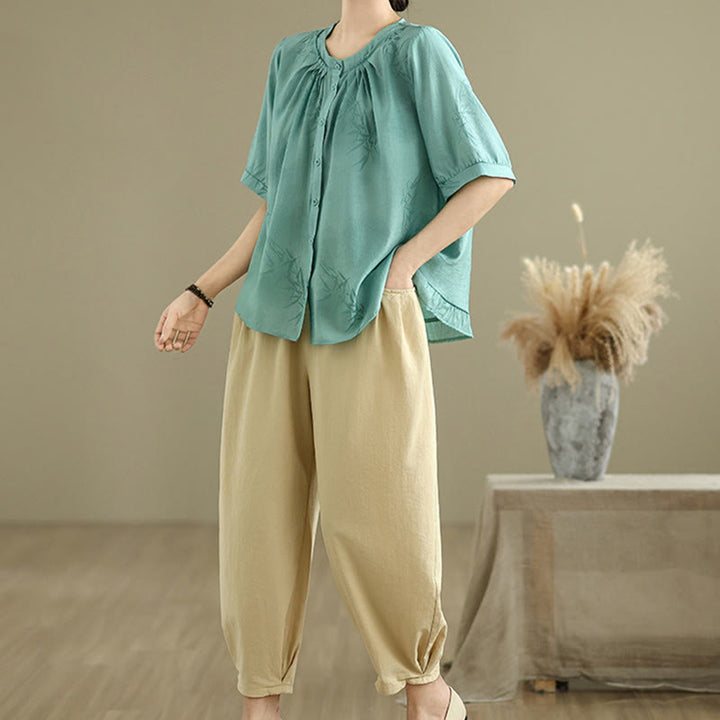 Buddha Stones 2pcs Casual Women's Short Sleeve Shirt Harem Pants Meditation Clothing Set - image 3