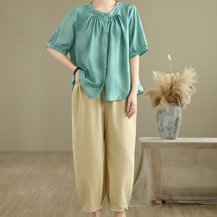 Buddha Stones 2pcs Casual Women's Short Sleeve Shirt Harem Pants Meditation Clothing Set - MediumTurquoise - US12，UK/AU16，EU44 (2XL) - image 0