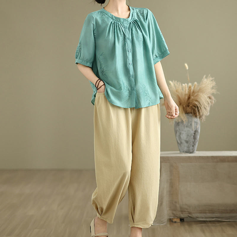 Buddha Stones 2pcs Casual Women's Short Sleeve Shirt Harem Pants Meditation Clothing Set - image 5