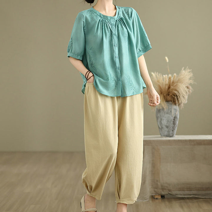 Buddha Stones 2pcs Casual Women's Short Sleeve Shirt Harem Pants Meditation Clothing Set - image 5
