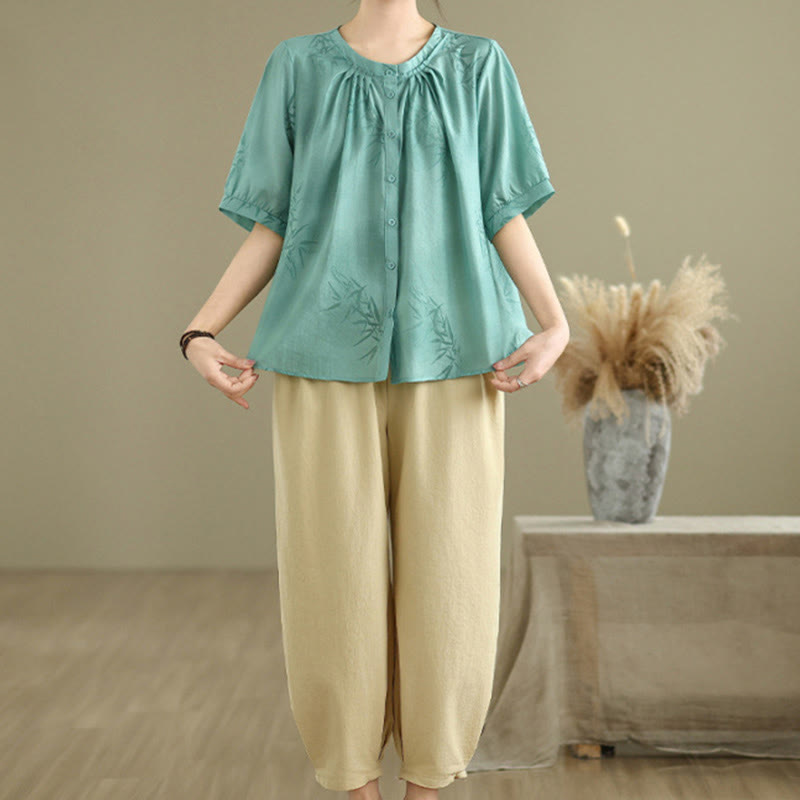 Buddha Stones 2pcs Casual Women's Short Sleeve Shirt Harem Pants Meditation Clothing Set - image 2