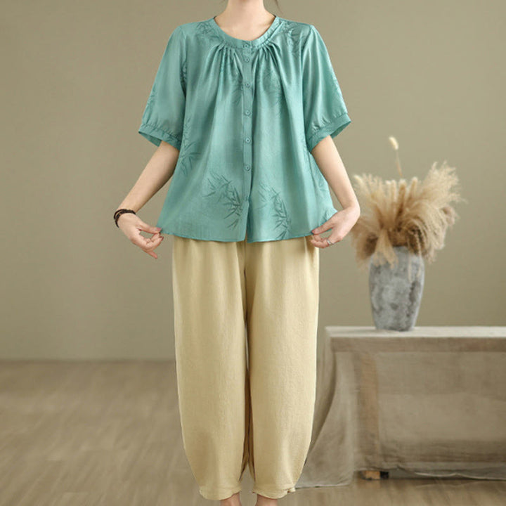 Buddha Stones 2pcs Casual Women's Short Sleeve Shirt Harem Pants Meditation Clothing Set - image 2