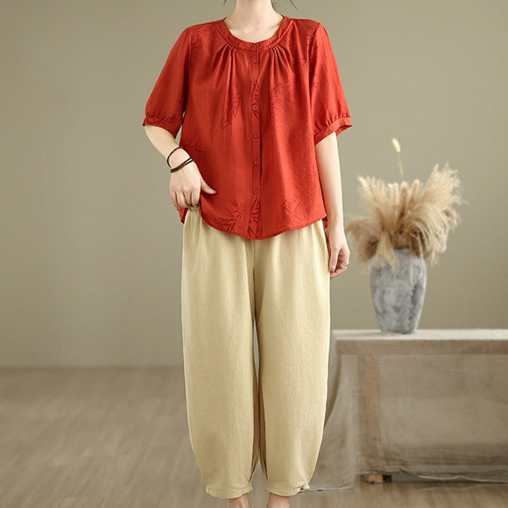Buddha Stones 2pcs Casual Women's Short Sleeve Shirt Harem Pants Meditation Clothing Set - Red - US12，UK/AU16，EU44 (2XL) - image 7