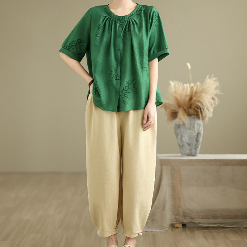 Buddha Stones 2pcs Casual Women's Short Sleeve Shirt Harem Pants Meditation Clothing Set - SeaGreen - US12，UK/AU16，EU44 (2XL) - image 18