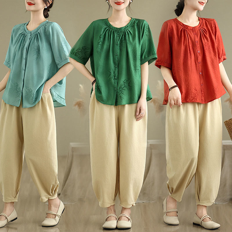Buddha Stones 2pcs Casual Women's Short Sleeve Shirt Harem Pants Meditation Clothing Set - image 26