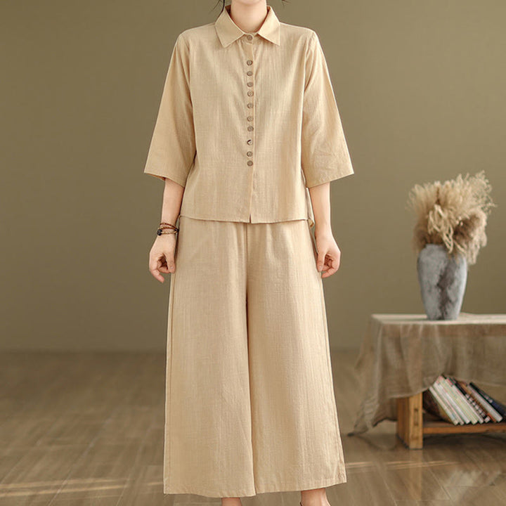 Buddha Stones 2pcs Casual Women's Stand Collar Shirt Loose Pants Meditation Clothing Set - Wheat - US12，UK/AU16，EU44 (2XL) - image 0