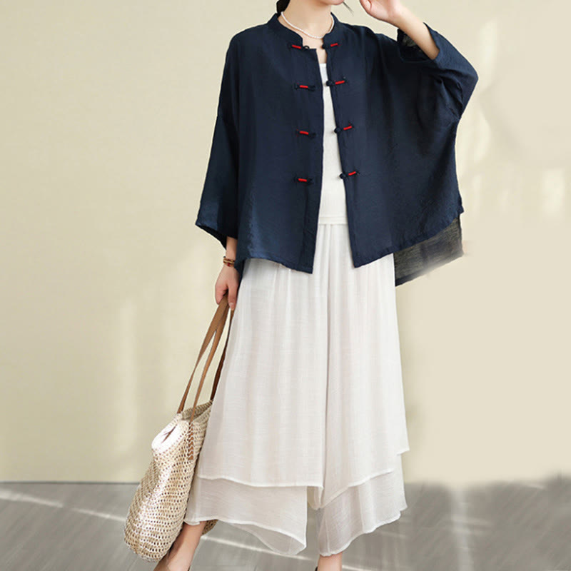 Buddha Stones 2pcs Casual Women's Frog Button Shirt Loose Pants Meditation Clothing Set - MidnightBlue - US12，UK/AU16，EU44 (XL) - image 0