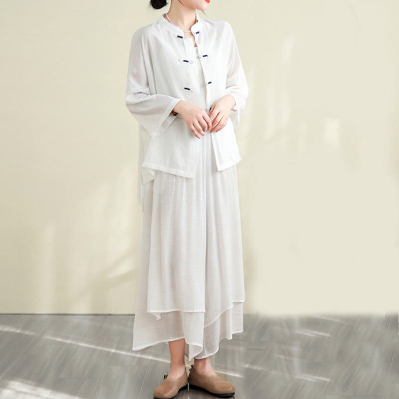 Buddha Stones 2pcs Casual Women's Frog Button Shirt Loose Pants Meditation Clothing Set - Snow - US12，UK/AU16，EU44 (XL) - image 6