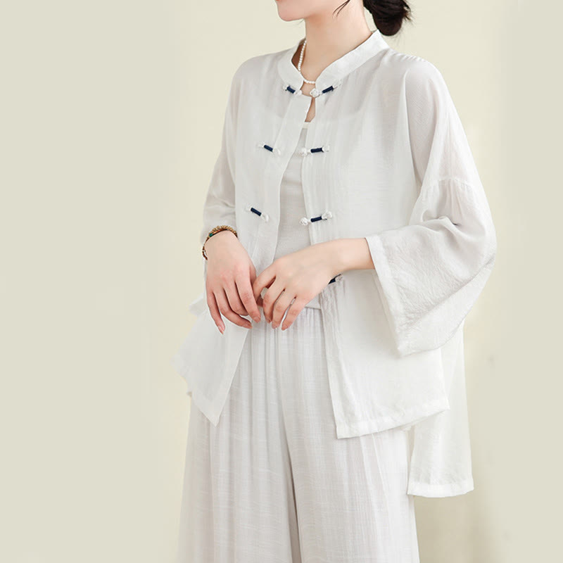 Buddha Stones 2pcs Casual Women's Frog Button Shirt Loose Pants Meditation Clothing Set - image 9