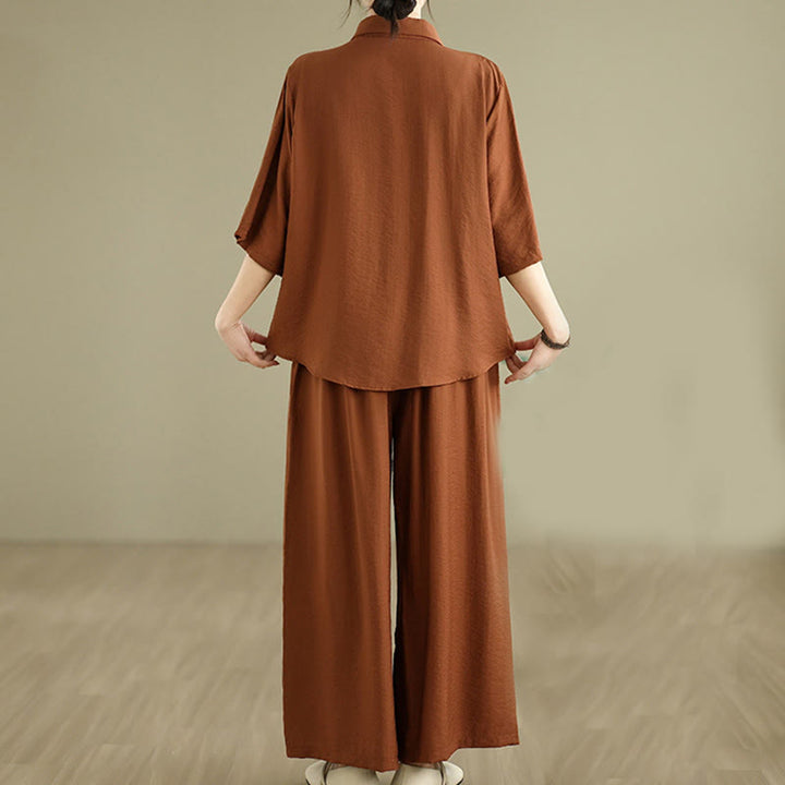 Buddha Stones 2pcs Casual Women's Stand Collar Shirt Loose Pants Meditation Clothing Set - image 2