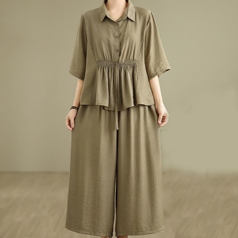 Buddha Stones 2pcs Casual Women's Stand Collar Shirt Loose Pants Meditation Clothing Set - DarkKhaki - US12，UK/AU16，EU44 (2XL) - image 12