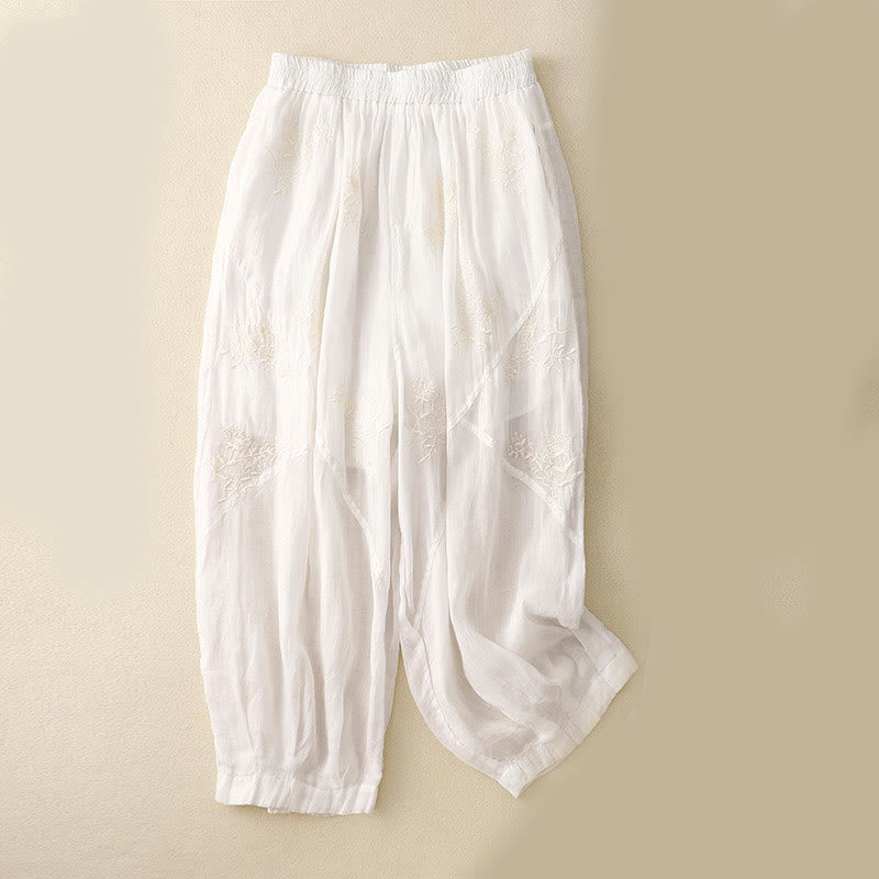 Buddha Stones Embroidered Pattern Women's Cotton Linen Harem Pants With Pockets - White - US12，UK/AU16，EU44 (3XL) - image 5