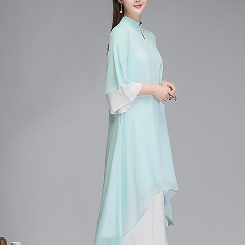 Buddha Stones Solid Women's Three Quarter Sleeve Chiffon Irregular Shirt Dress Wide Leg Pants Meditation Clothing - image 1