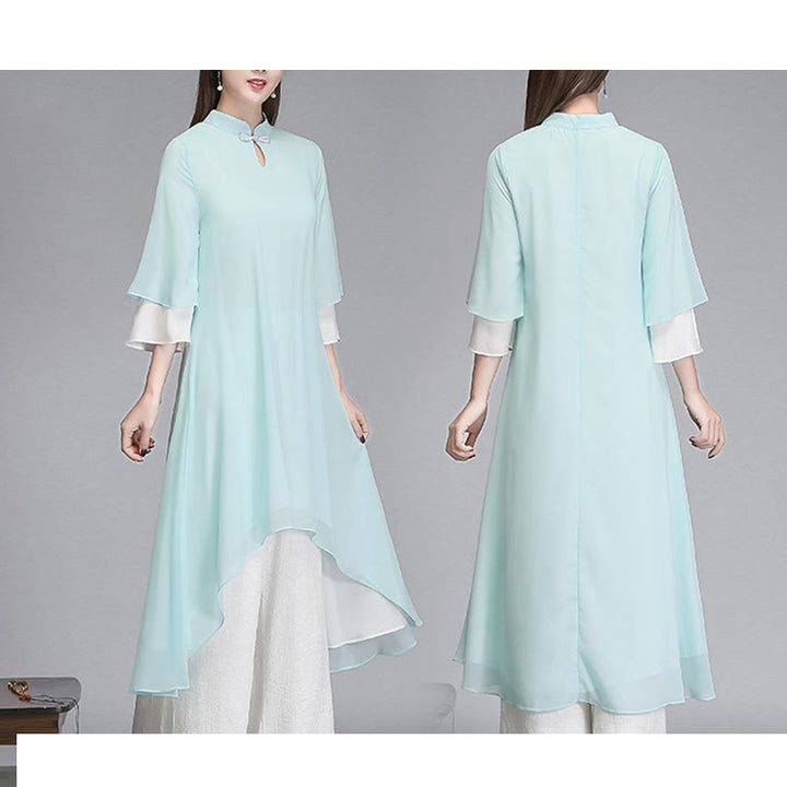 Buddha Stones Solid Women's Three Quarter Sleeve Chiffon Irregular Shirt Dress Wide Leg Pants Meditation Clothing - image 3
