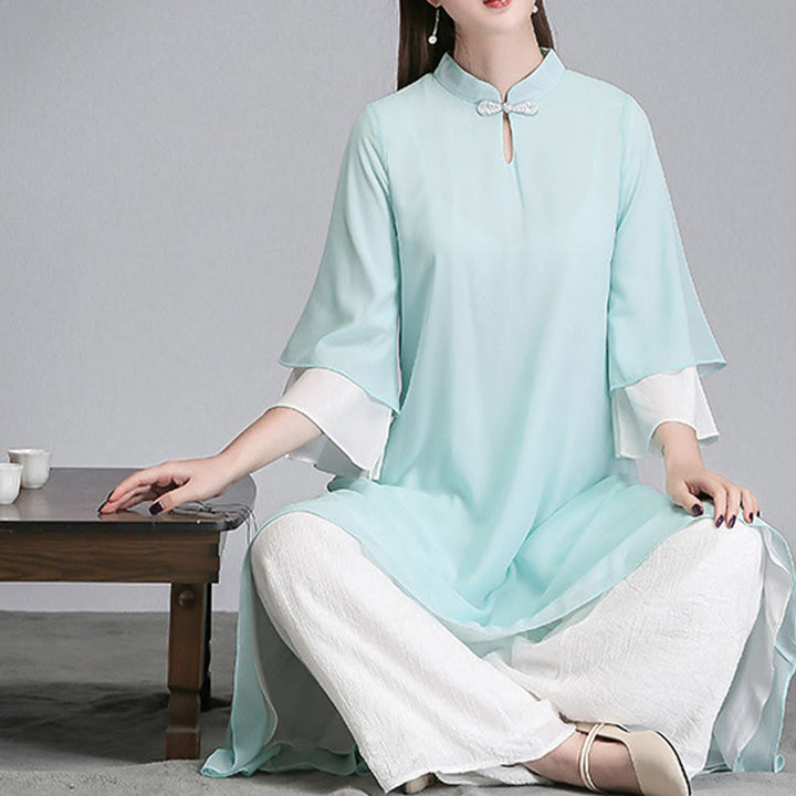 Buddha Stones Solid Women's Three Quarter Sleeve Chiffon Irregular Shirt Dress Wide Leg Pants Meditation Clothing - image 4