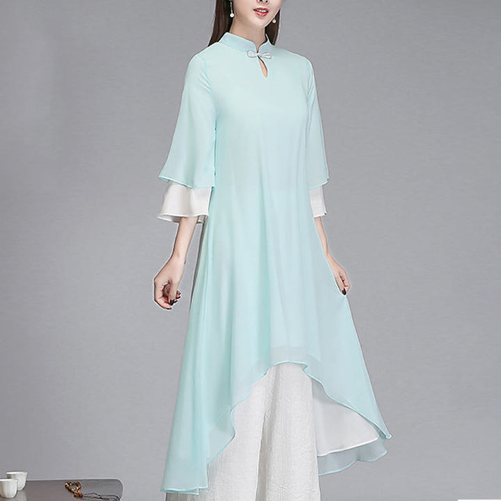 Buddha Stones Solid Women's Three Quarter Sleeve Chiffon Irregular Shirt Dress Wide Leg Pants Meditation Clothing - image 2