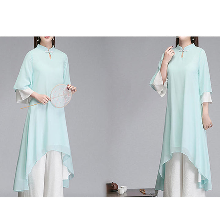 Buddha Stones Solid Women's Three Quarter Sleeve Chiffon Irregular Shirt Dress Wide Leg Pants Meditation Clothing - image 7