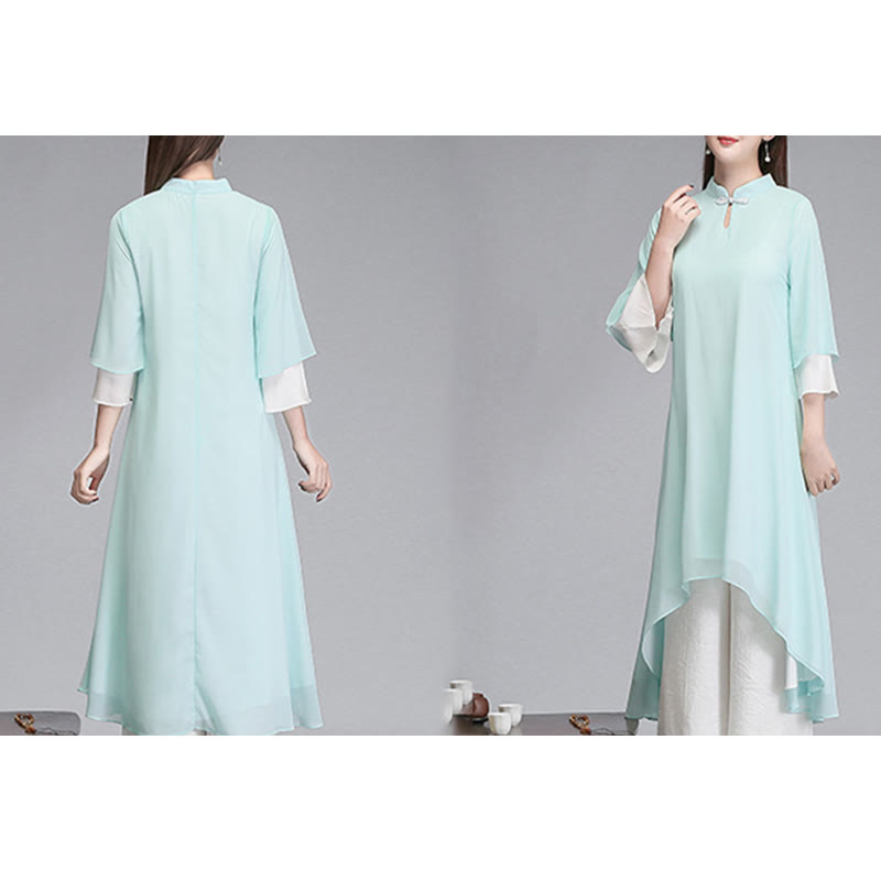 Buddha Stones Solid Women's Three Quarter Sleeve Chiffon Irregular Shirt Dress Wide Leg Pants Meditation Clothing - image 6