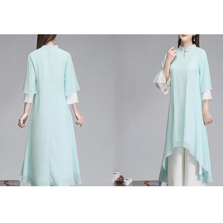 Buddha Stones Solid Women's Three Quarter Sleeve Chiffon Irregular Shirt Dress Wide Leg Pants Meditation Clothing - image 6