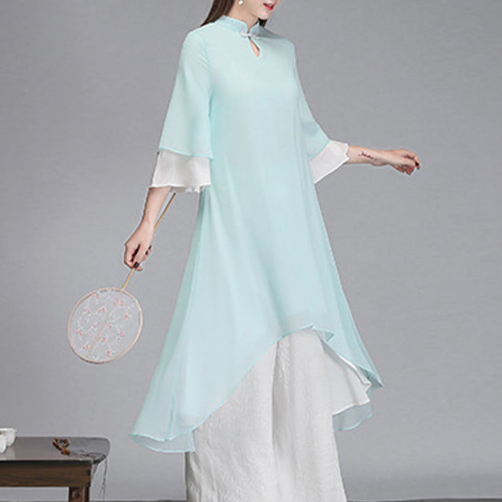 Buddha Stones Solid Women's Three Quarter Sleeve Chiffon Irregular Shirt Dress Wide Leg Pants Meditation Clothing - image 5