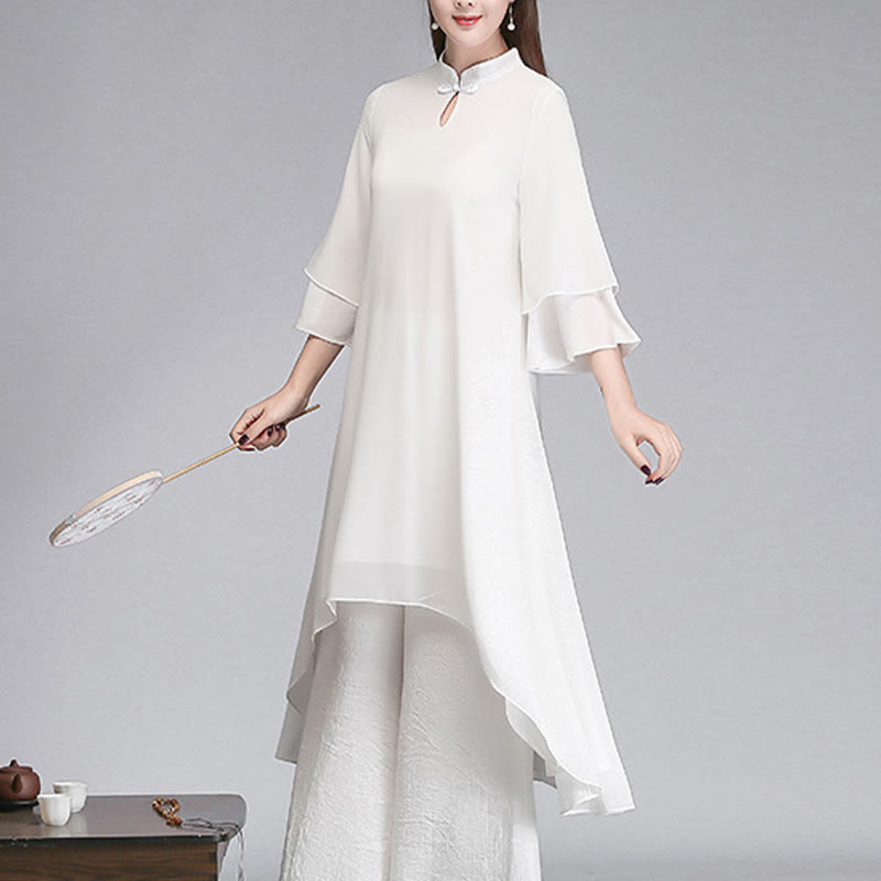Buddha Stones Solid Women's Three Quarter Sleeve Chiffon Irregular Shirt Dress Wide Leg Pants Meditation Clothing - image 9