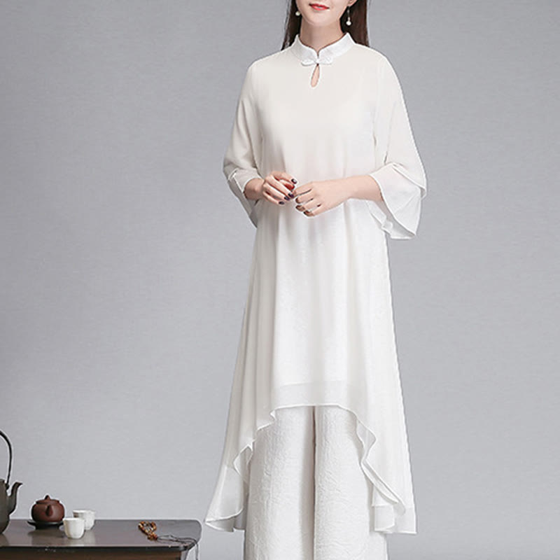 Buddha Stones Solid Women's Three Quarter Sleeve Chiffon Irregular Shirt Dress Wide Leg Pants Meditation Clothing - image 10