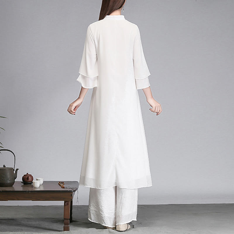 Buddha Stones Solid Women's Three Quarter Sleeve Chiffon Irregular Shirt Dress Wide Leg Pants Meditation Clothing - image 11