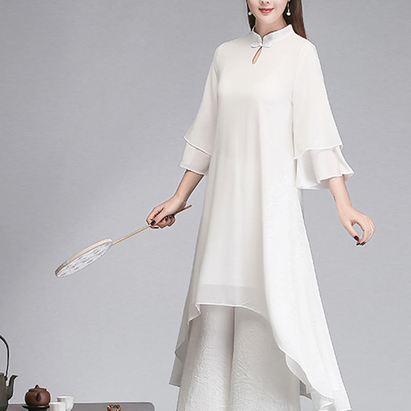 Buddha Stones Solid Women's Three Quarter Sleeve Chiffon Irregular Shirt Dress Wide Leg Pants Meditation Clothing - image 13