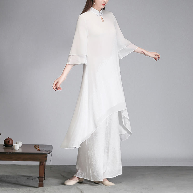 Buddha Stones Solid Women's Three Quarter Sleeve Chiffon Irregular Shirt Dress Wide Leg Pants Meditation Clothing - image 12