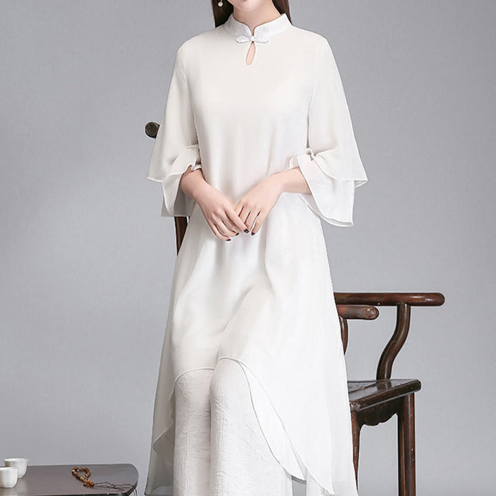 Buddha Stones Solid Women's Three Quarter Sleeve Chiffon Irregular Shirt Dress Wide Leg Pants Meditation Clothing - image 14