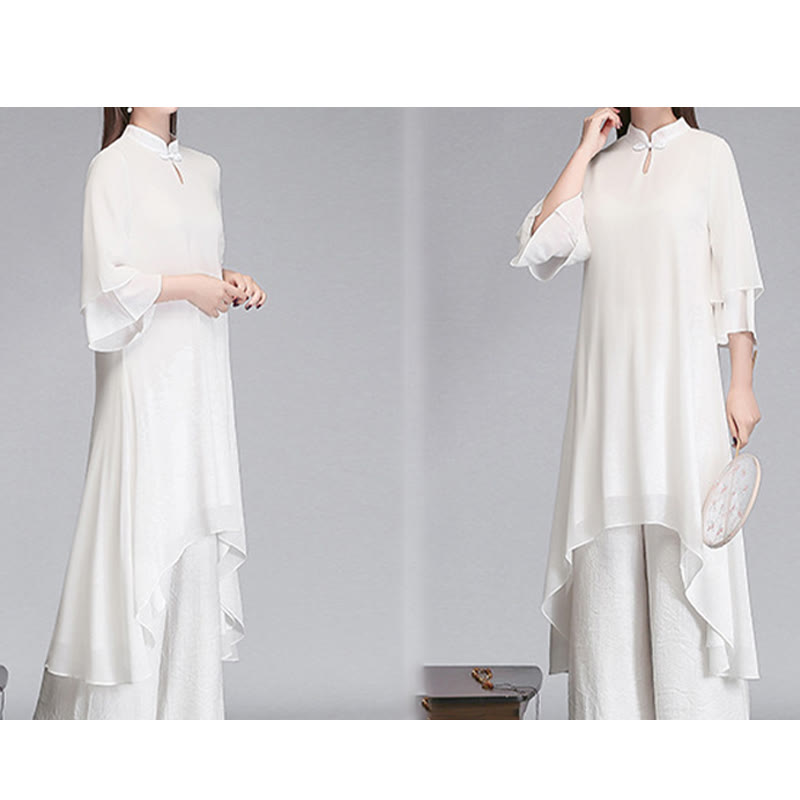 Buddha Stones Solid Women's Three Quarter Sleeve Chiffon Irregular Shirt Dress Wide Leg Pants Meditation Clothing - image 15