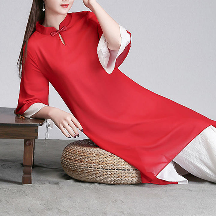 Buddha Stones Solid Women's Three Quarter Sleeve Chiffon Irregular Shirt Dress Wide Leg Pants Meditation Clothing - image 22
