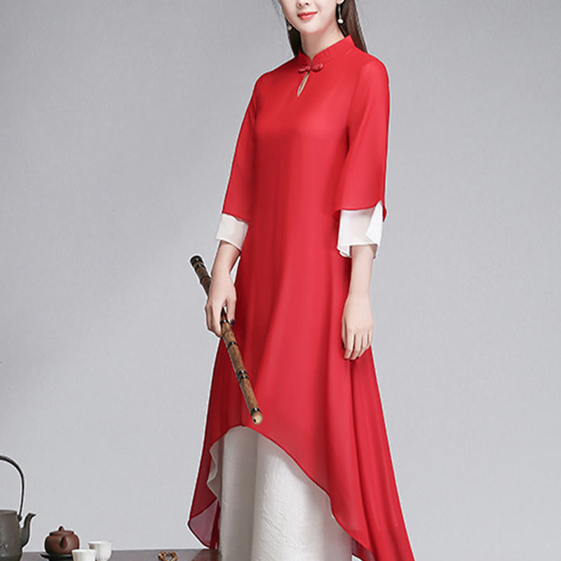Buddha Stones Solid Women's Three Quarter Sleeve Chiffon Irregular Shirt Dress Wide Leg Pants Meditation Clothing - image 19