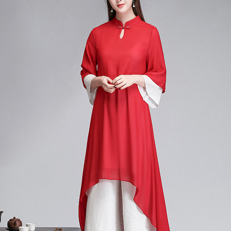 Buddha Stones Solid Women's Three Quarter Sleeve Chiffon Irregular Shirt Dress Wide Leg Pants Meditation Clothing - image 21