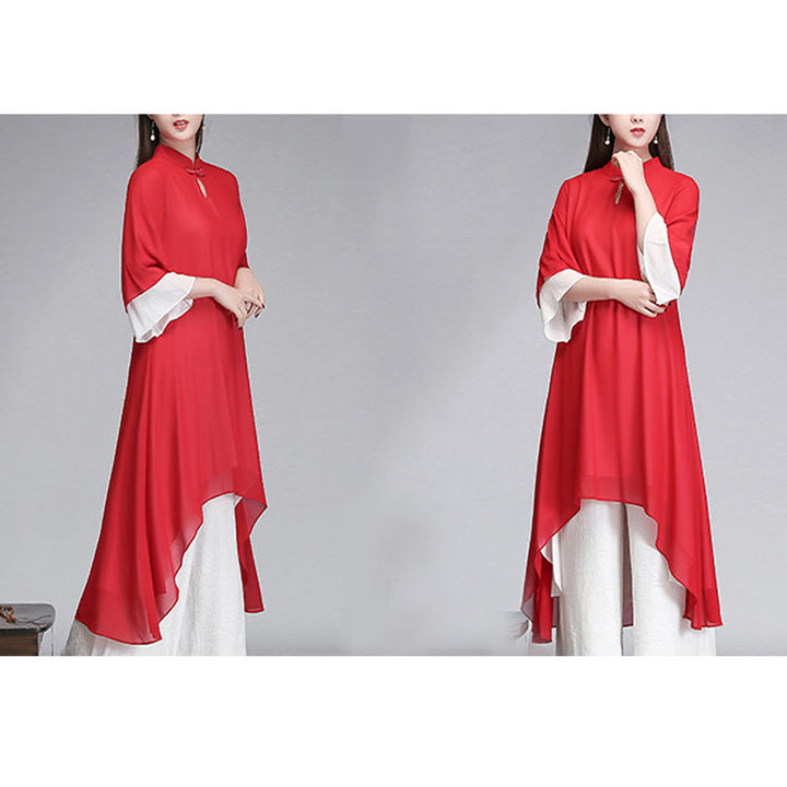 Buddha Stones Solid Women's Three Quarter Sleeve Chiffon Irregular Shirt Dress Wide Leg Pants Meditation Clothing - image 28