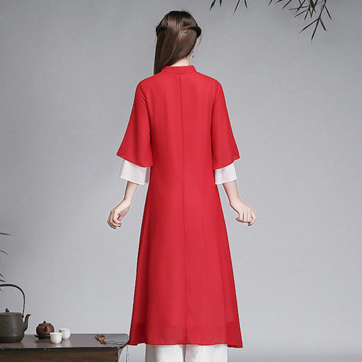 Buddha Stones Solid Women's Three Quarter Sleeve Chiffon Irregular Shirt Dress Wide Leg Pants Meditation Clothing - image 20