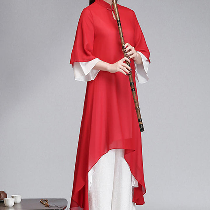 Buddha Stones Solid Women's Three Quarter Sleeve Chiffon Irregular Shirt Dress Wide Leg Pants Meditation Clothing - image 17
