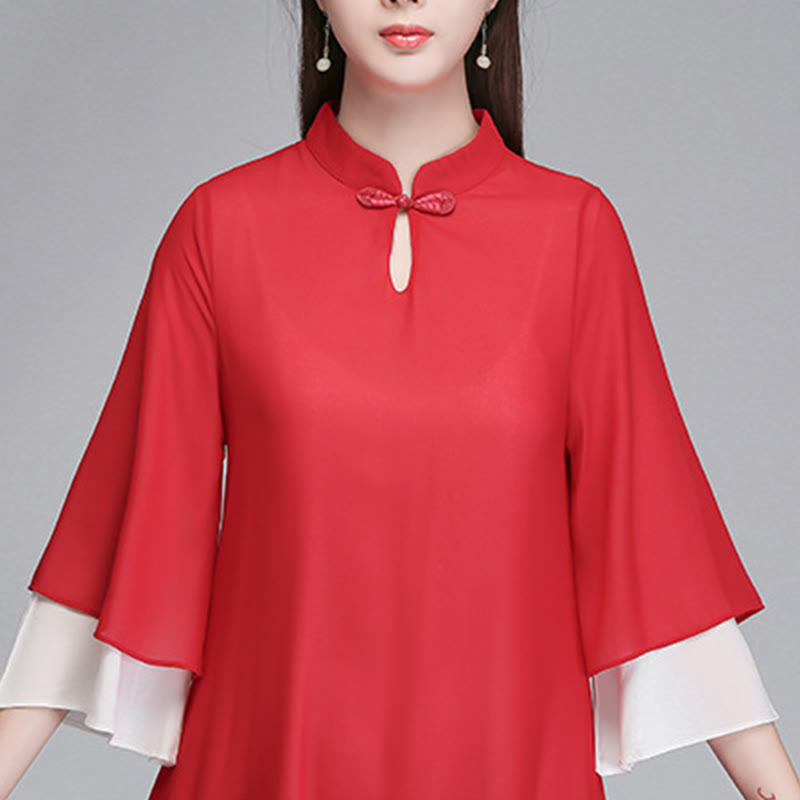 Buddha Stones Solid Women's Three Quarter Sleeve Chiffon Irregular Shirt Dress Wide Leg Pants Meditation Clothing - image 23