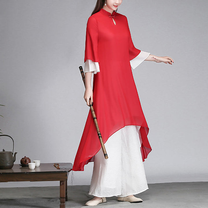 Buddha Stones Solid Women's Three Quarter Sleeve Chiffon Irregular Shirt Dress Wide Leg Pants Meditation Clothing - image 18